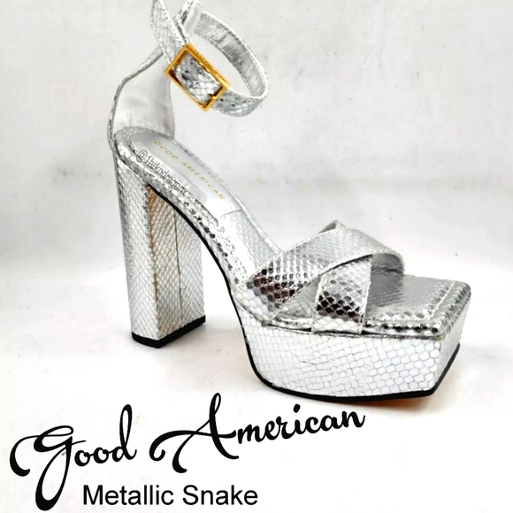 Good American Shoes - NWT Metallic Snake Platforms Open Toe Silver Block Heel Sandals Ankle Strap Lock